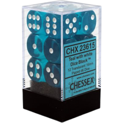 Translucent Set of 12 D6 Dice (Teal/White)